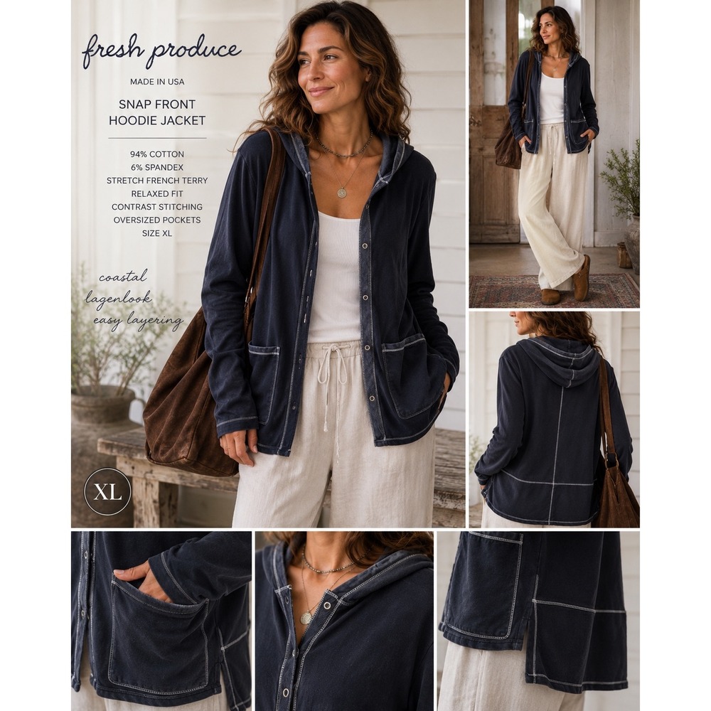 Fresh Produce XL Snap Front Hoodie Jacket Contrast Stitch Coastal Lagenlook USA